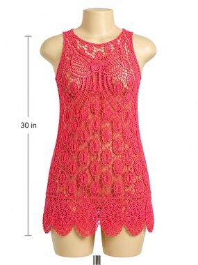 Swim Cover Open Knit Bow Scalloped Hem Bright Coral Bohemian Bathing Suit Cover
